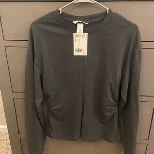 H&M dark gray long-sleeved cotton top, ruched waist, bell sleeves, small, NWT